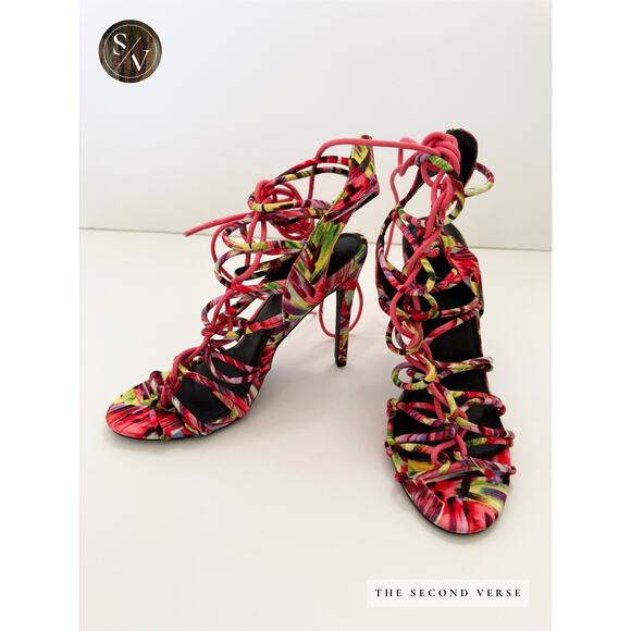 Liliana Shoes - Liliana Multicolored Tropical Colorful Strappy Lace Up Ankle Strap Heels Size 9